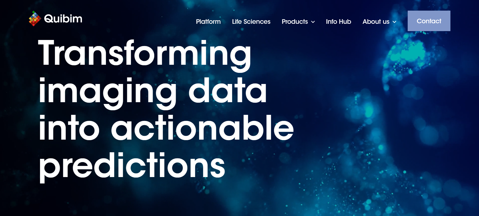 Text reading 'Transforming imaging data into actionable predictions' over textured blue tones background